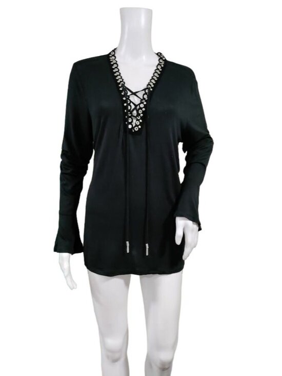 Michael Kors Tops - Michael Kors Bell Sleeve Black Lace Up Deep V Top Large
